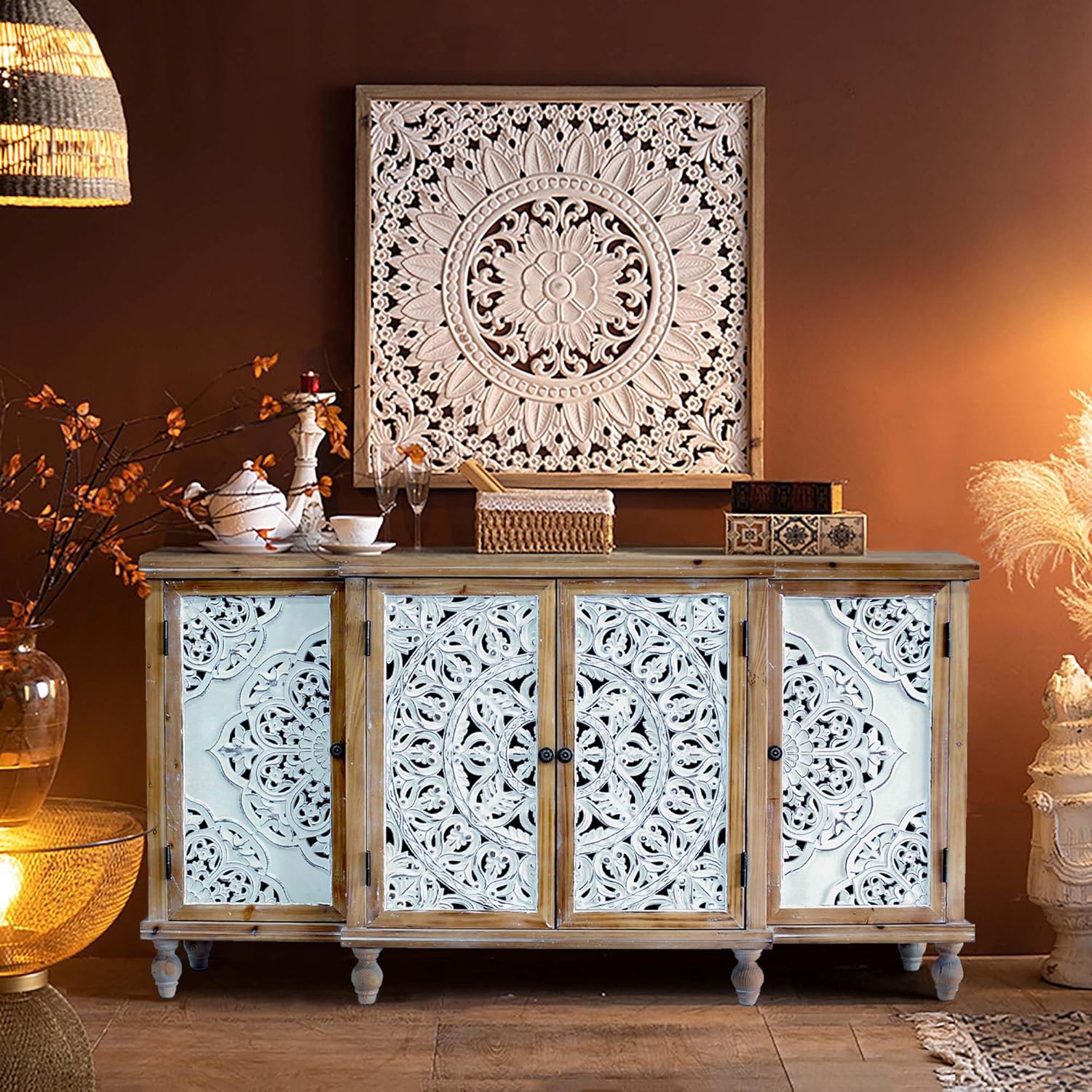 Natural Wood 4-Door Distressed Accent Cabinet with Adjustable Shelves F536827