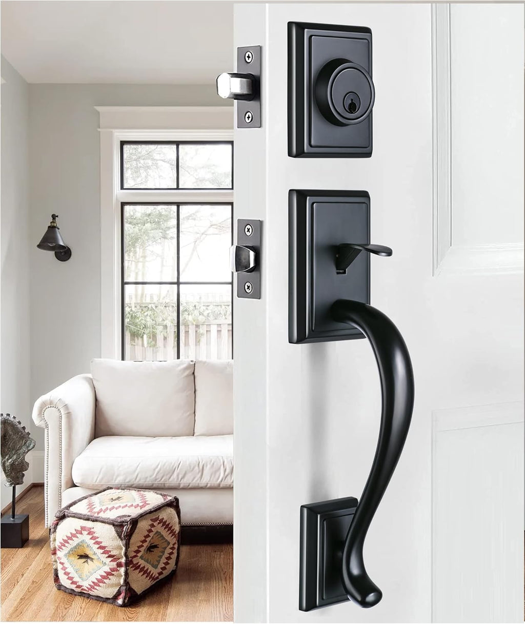 Matte Black Double Door Handleset with Single Cylinder Deadbolt Lock and Lever U83638