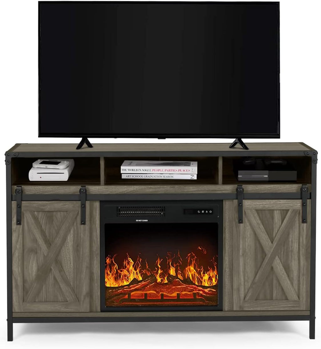 Barn Door Wood Electric Fireplace TV Stand with Storage Cabinets and Infrared Heater Q7333