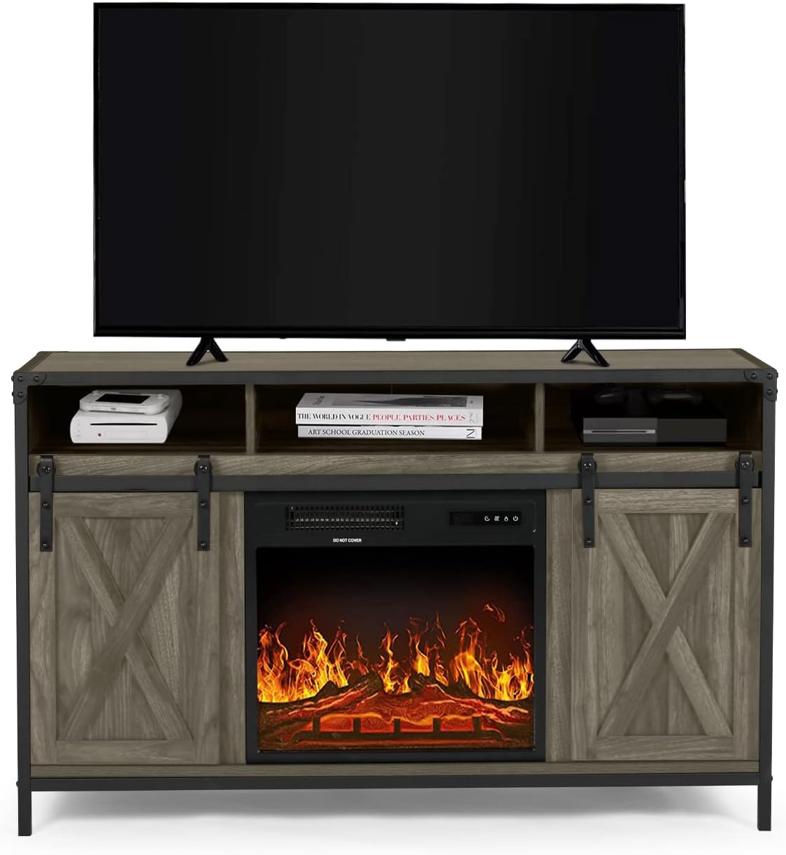 Barn Door Wood Electric Fireplace TV Stand with Storage Cabinets and Infrared Heater Q7333