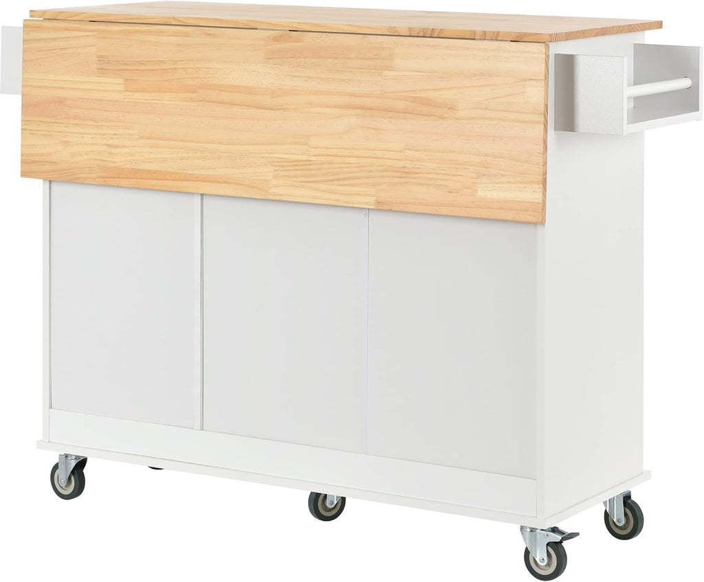 White Kitchen Island with 3 Drawers and Rolling Cart Z635452