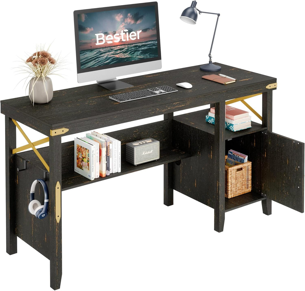 Gray Farmhouse Computer Desk with Storage Cabinet and Bookshelf B31091