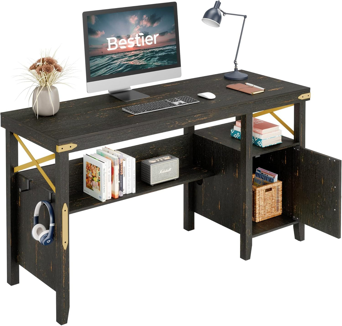 Gray Farmhouse Computer Desk with Storage Cabinet and Bookshelf B31091