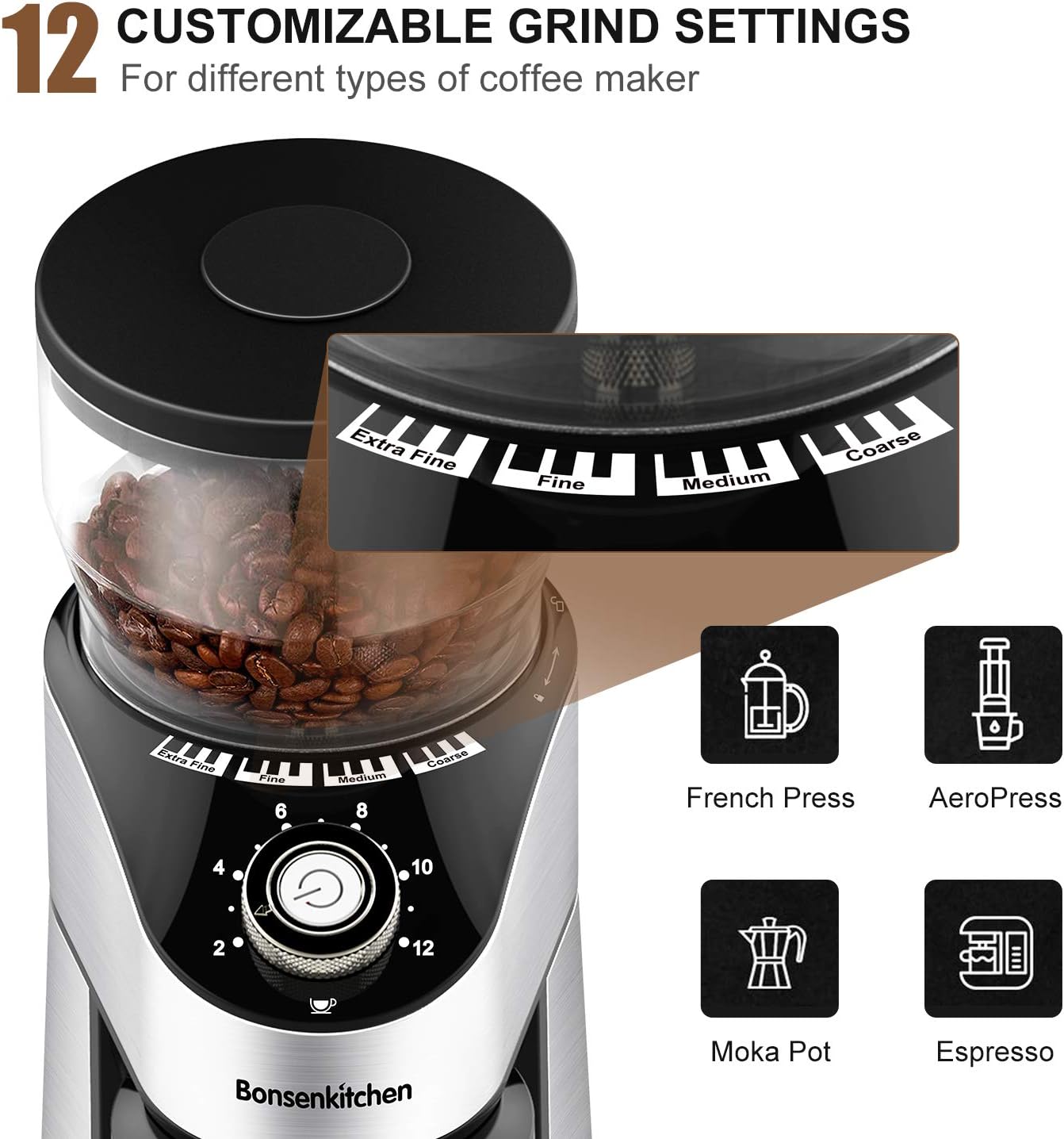 Stainless Steel Electric Conical Burr Coffee Grinder with 12 Grind Settings V24055