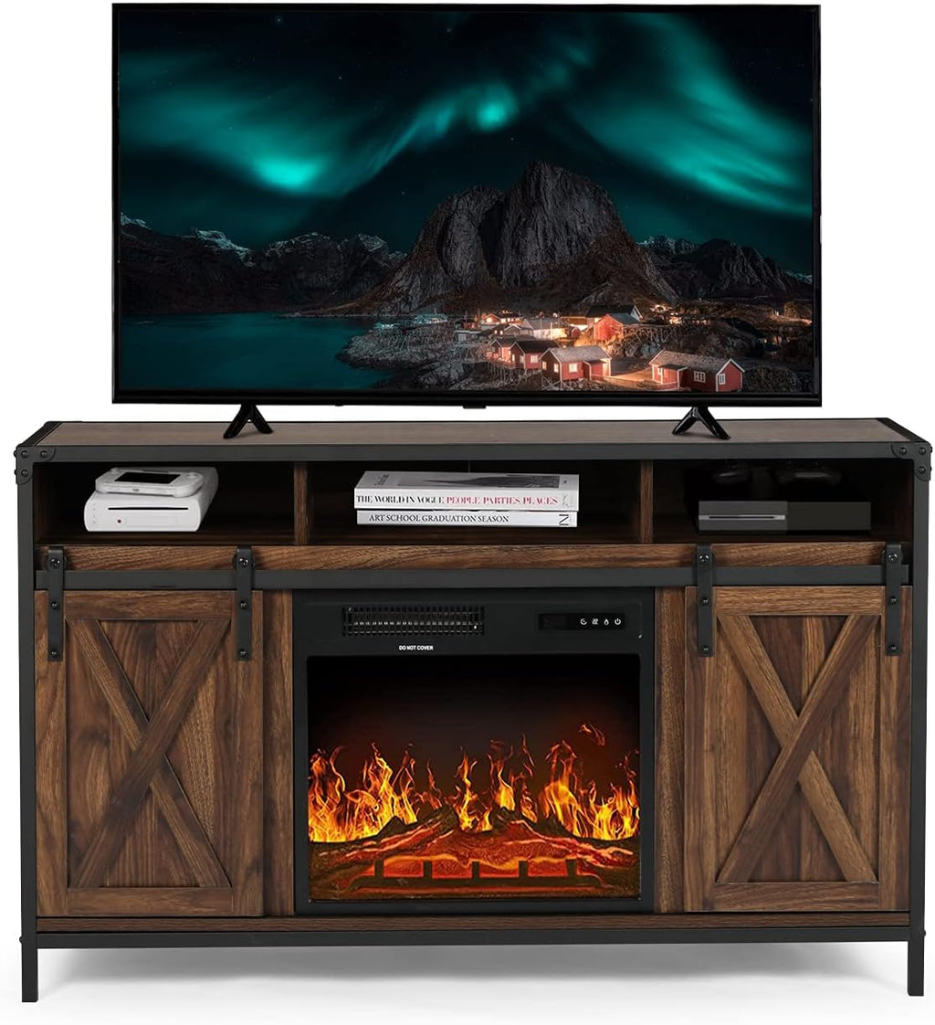 Barn Door Wood Electric Fireplace TV Stand with Storage Cabinets and Infrared Heater Q7333