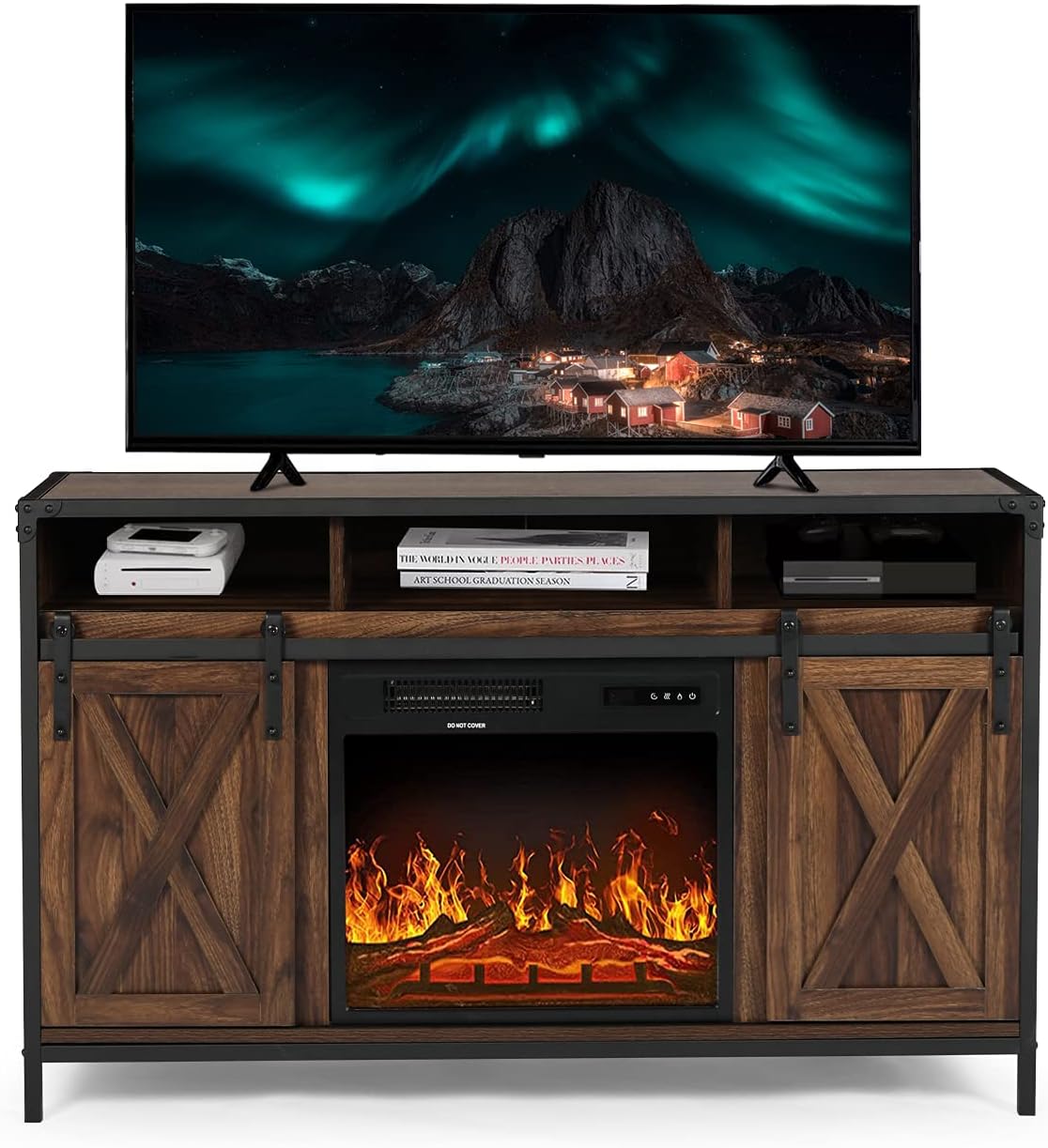 Barn Door Wood Electric Fireplace TV Stand with Storage Cabinets and Infrared Heater Q7333