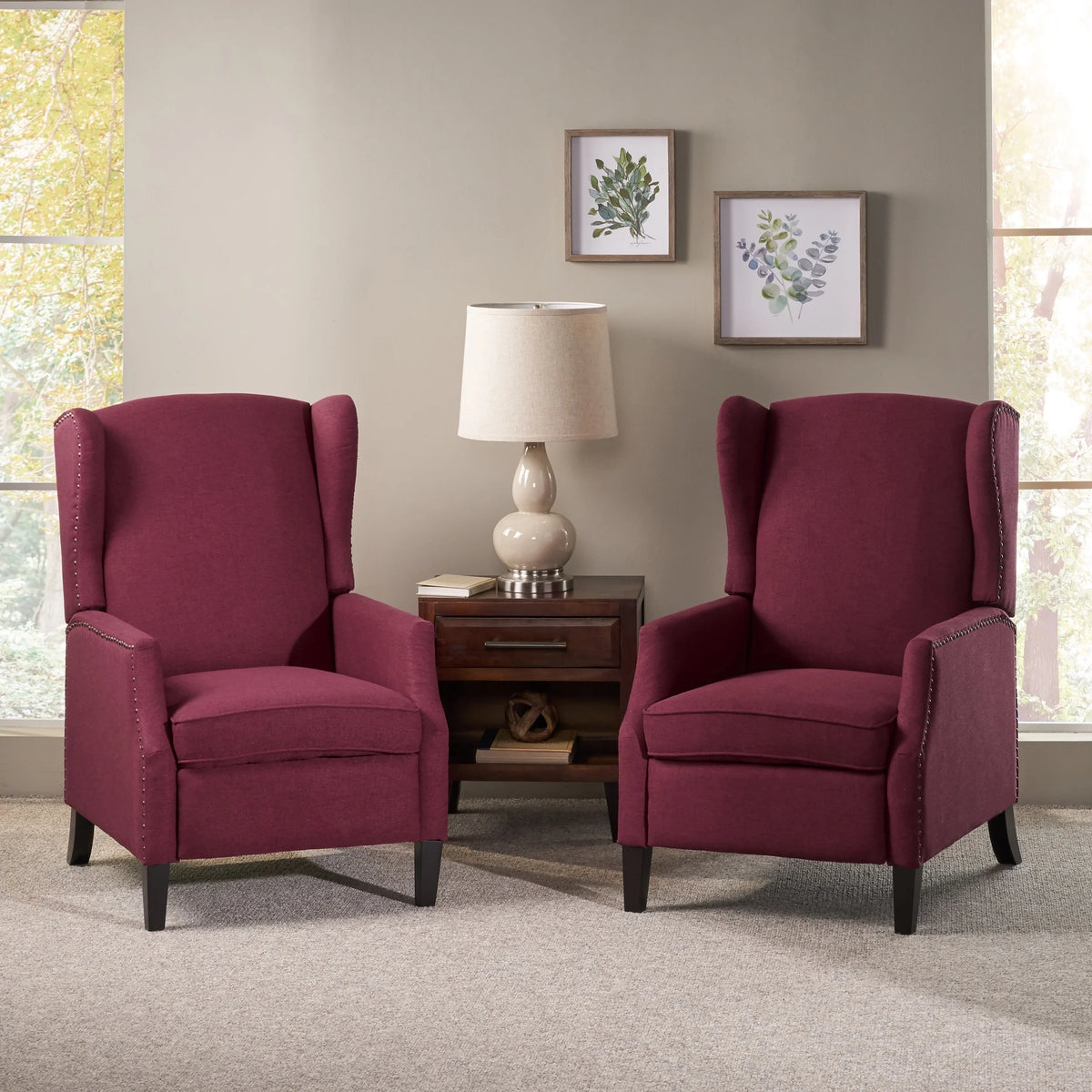 Deep Red and Dark Brown Fabric Pushback Recliner, Set of 2 F4091