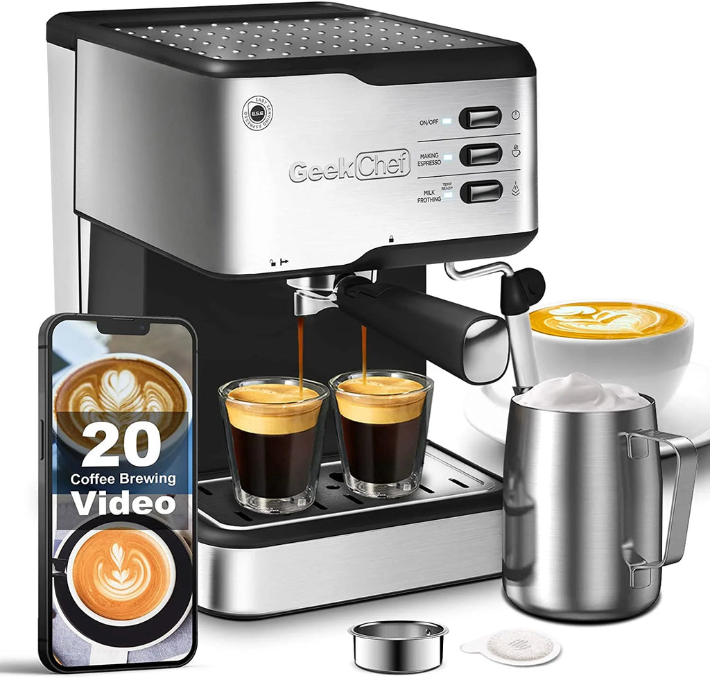 Black 20 Bar Espresso Coffee Machine with Milk Frother Steam Wand, 1.5L Water Tank T9410