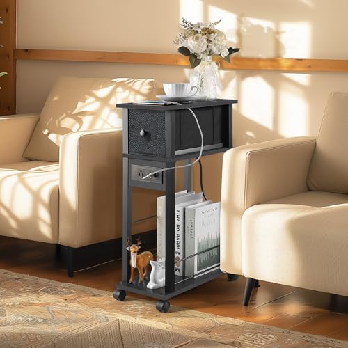 Black Narrow Side Table with Charging Station and Drawer N32982