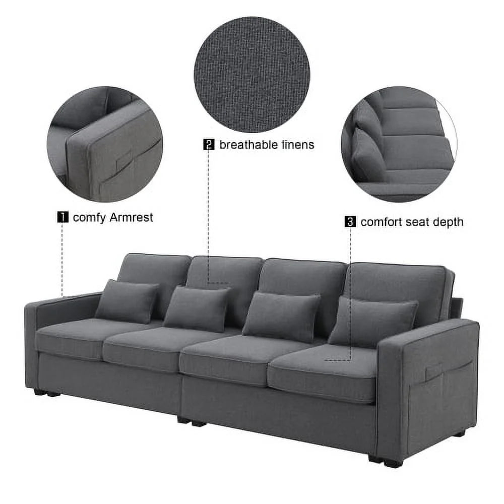 104" 4-Seater Linen Fabric Sofa with Armrest Pockets and 4 Pillows M493