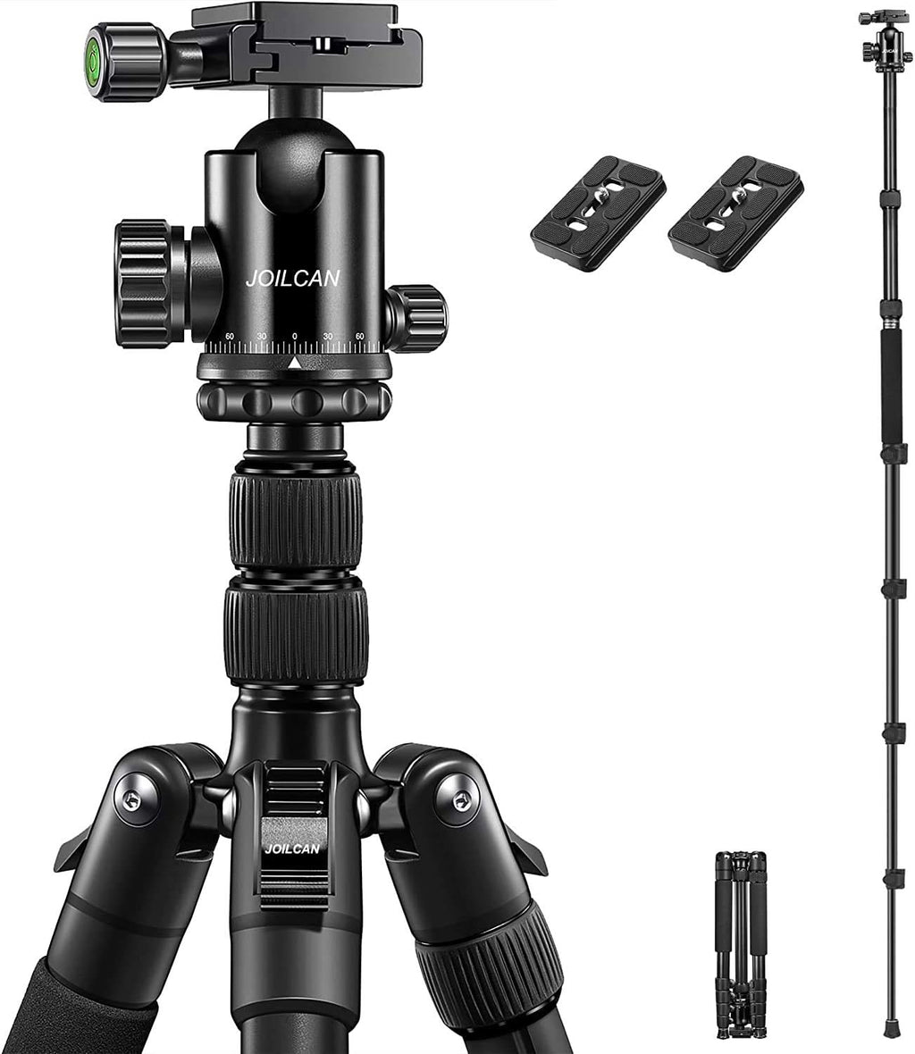 Black Aluminum Camera Tripod Monopod, 360° Panorama Ball Head, 2 Quick Release Plates, 25 lbs Loads, Pack of 2 M763