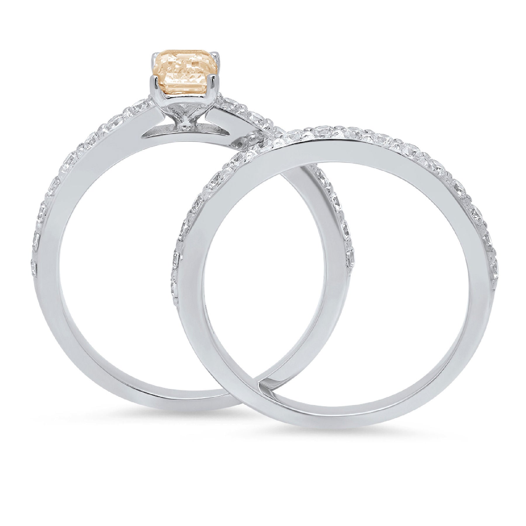 Emerald Cut Yellow Moissanite 18k White Gold Ring Band Set sz 3.5 O834