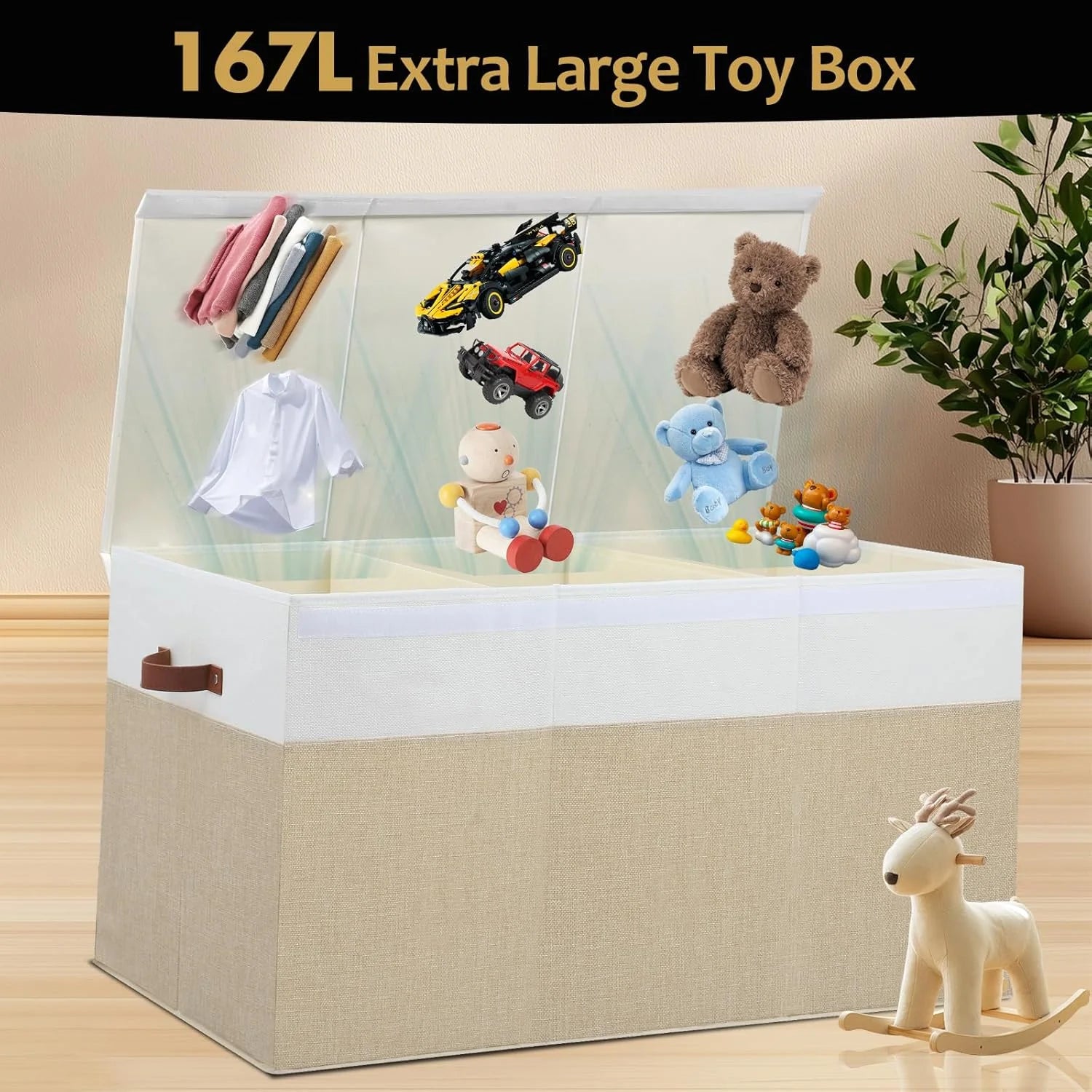 Extra Large Toy Storage Box with Lid, Beige and White U345