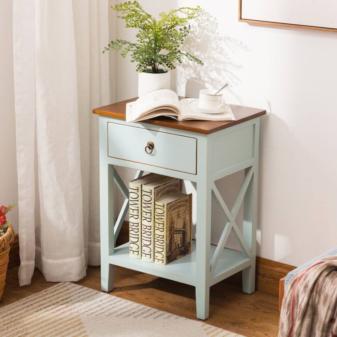 Blue Side Table Cabinet with Drawer and Shelf S37071