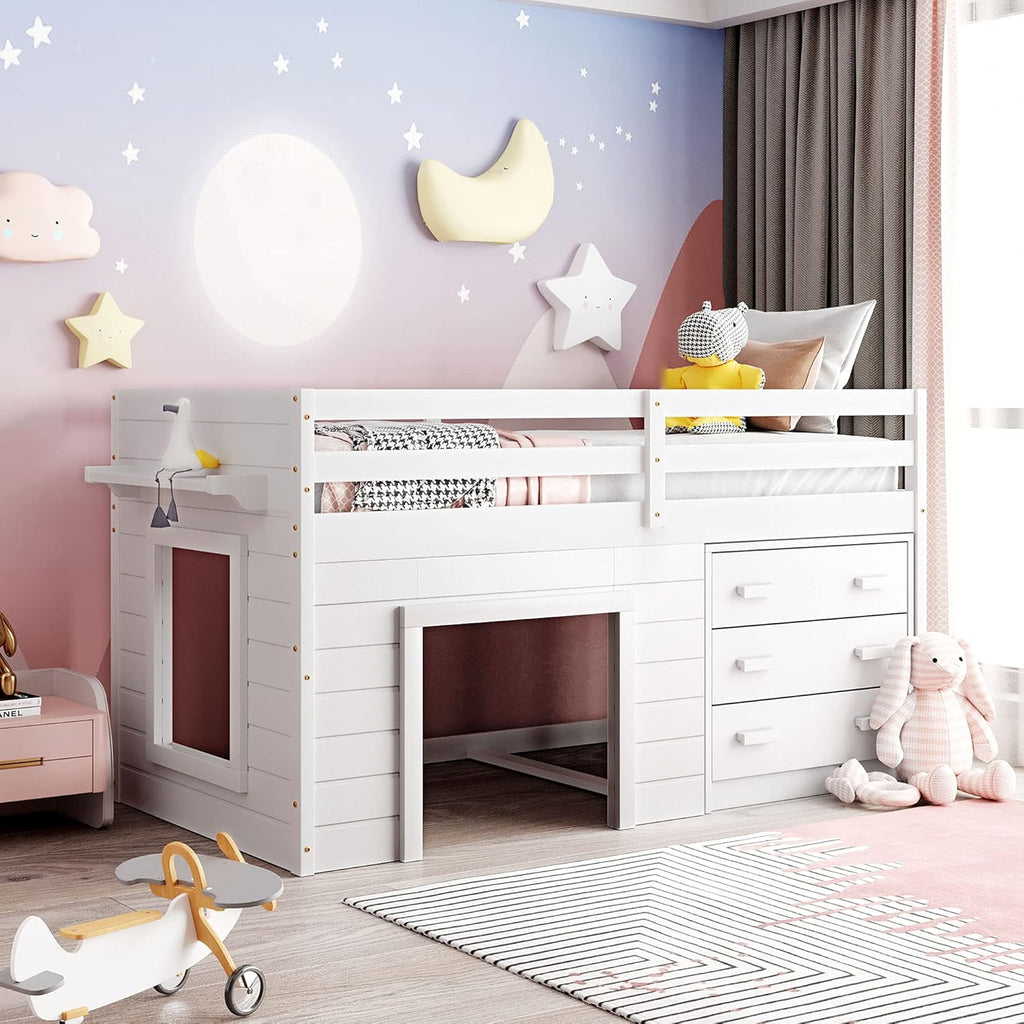 Twin Size Loft Bed with Desk and Storage Cabinet V3865