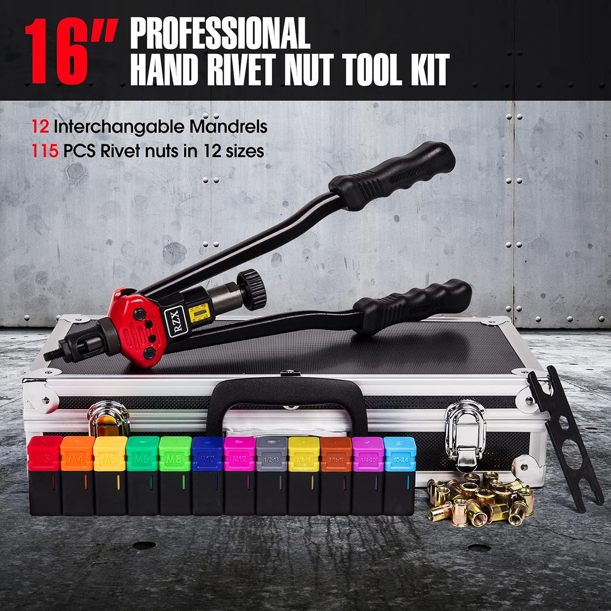16 Rivet Nut Tool Set with 115Pcs Assorted Rivet Nuts and aluminum Carrying Case U150447