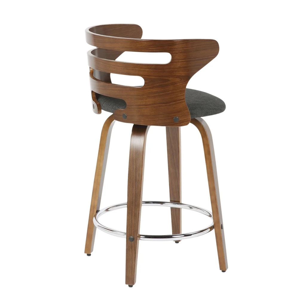 Mid-Century Modern Counter Stool With Swivel In Walnut And Charcoal Fabric - Set Of 2 J9933