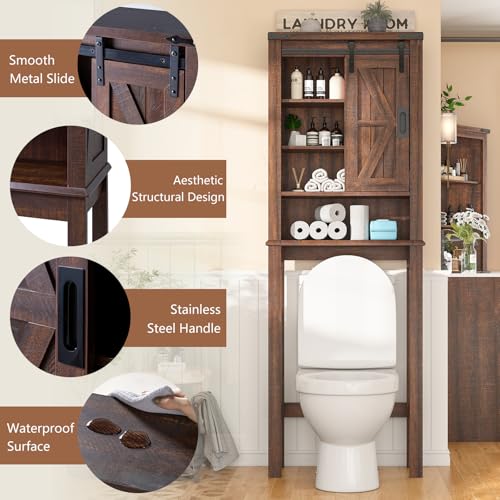 68" Tall Over The Toilet Storage Cabinet with Sliding Barn Door and Adjustable Shelves A469