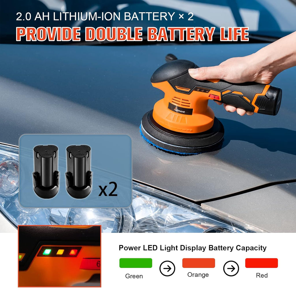 Cordless Car Buffer Polisher Kit with 2pcs 12V 2.0Ah Rechargeable Battery O501