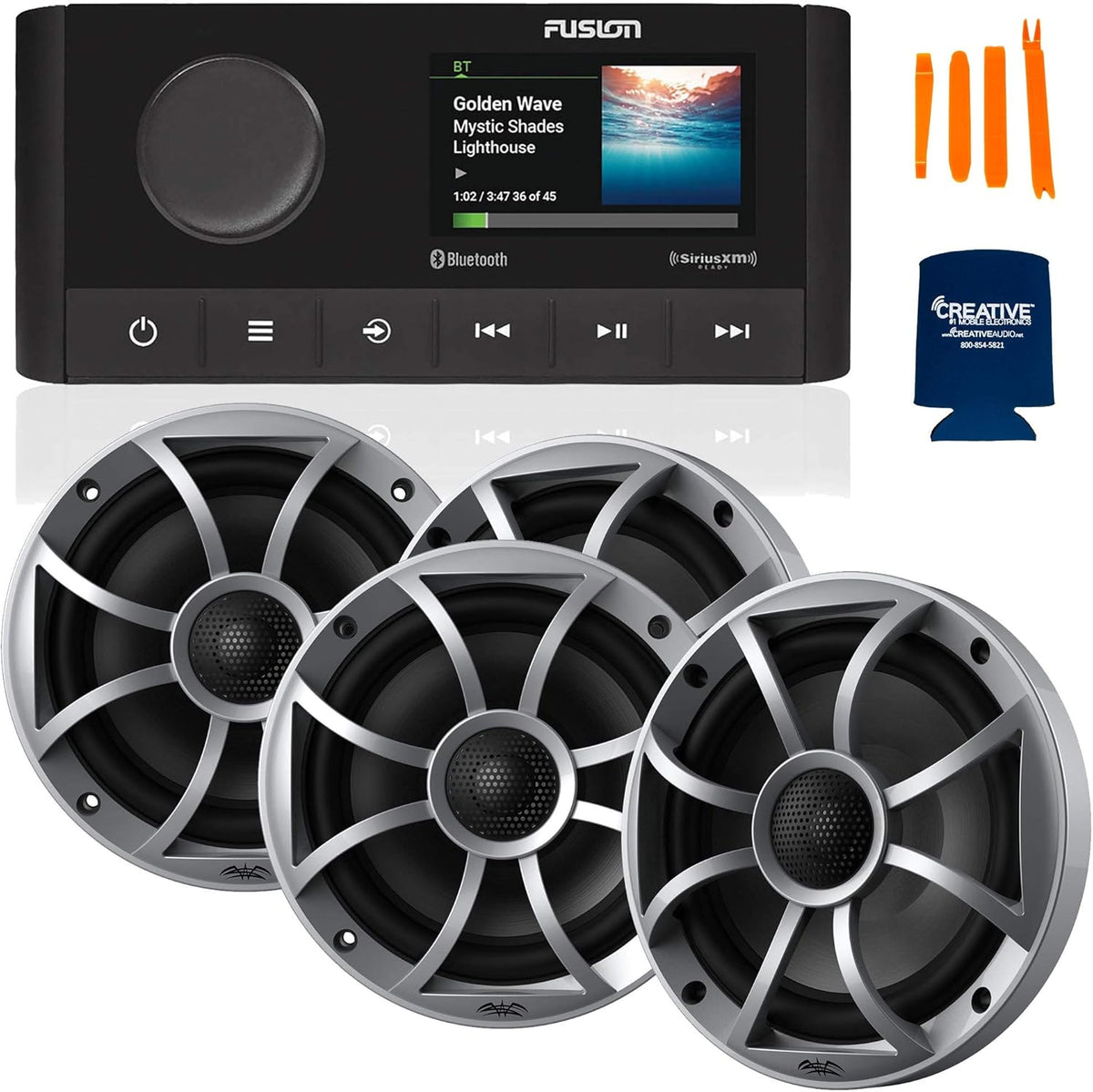 Marine AM/FM/BT Stereo with 2 Pair 6.5 inches Marine Coaxial Speakers, Silver Grill X121286