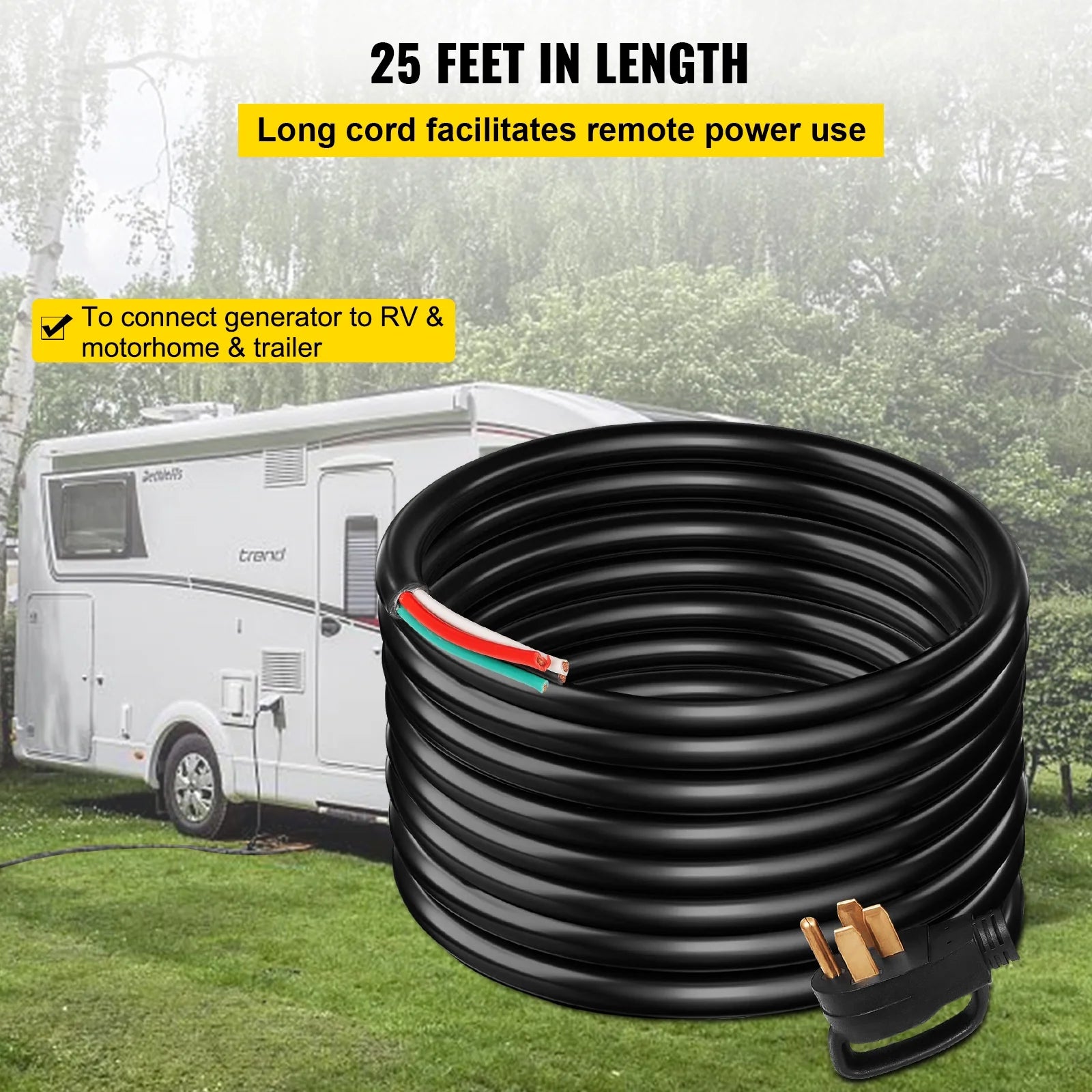 25' 50A RV Power Cord 6/3 + 8/1 AWG NEMA 14-50P to Bare Wire L771842