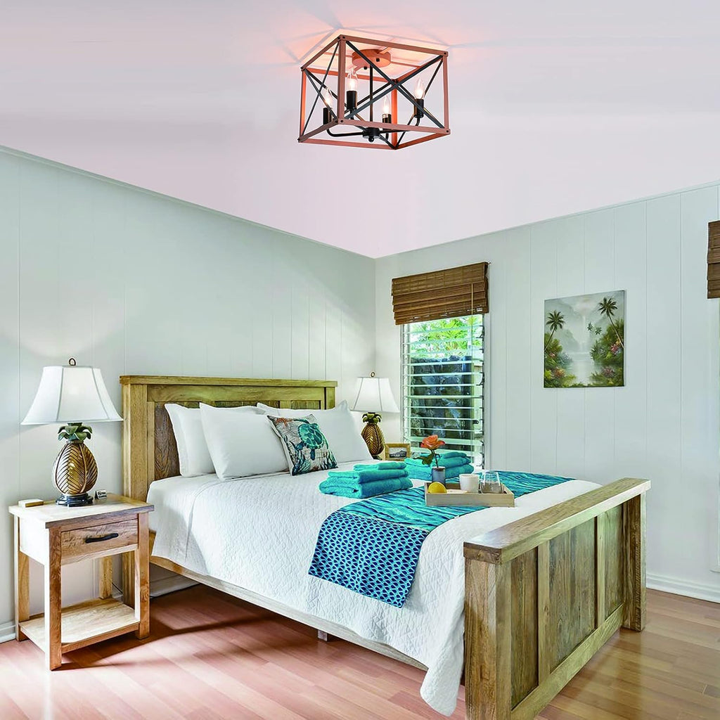 Retro Semi Flush Mount 4-Light Rectangle Wood Ceiling Light Fixture Q7504
