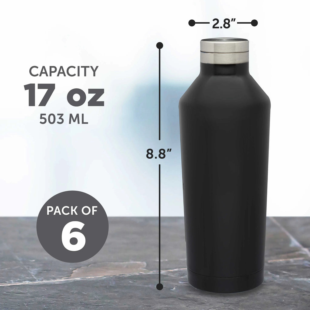 Black Stainless Steel Water Bottles 17 oz Set of 6 Double Wall B614