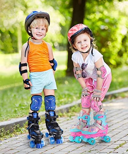 4 Sizes Adjustable Light Up Kids Roller Skates with Protective Gears Illuminating Wheels D67931