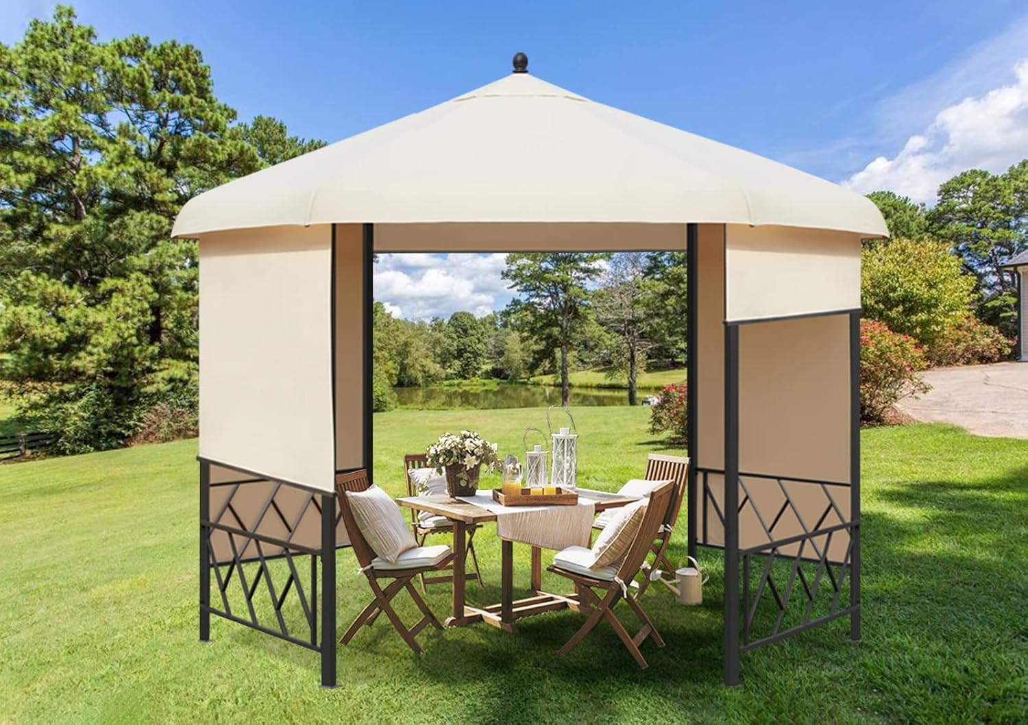 Beige Hexagonal Steel Frame Gazebo with Lift Shade Curtains T9373