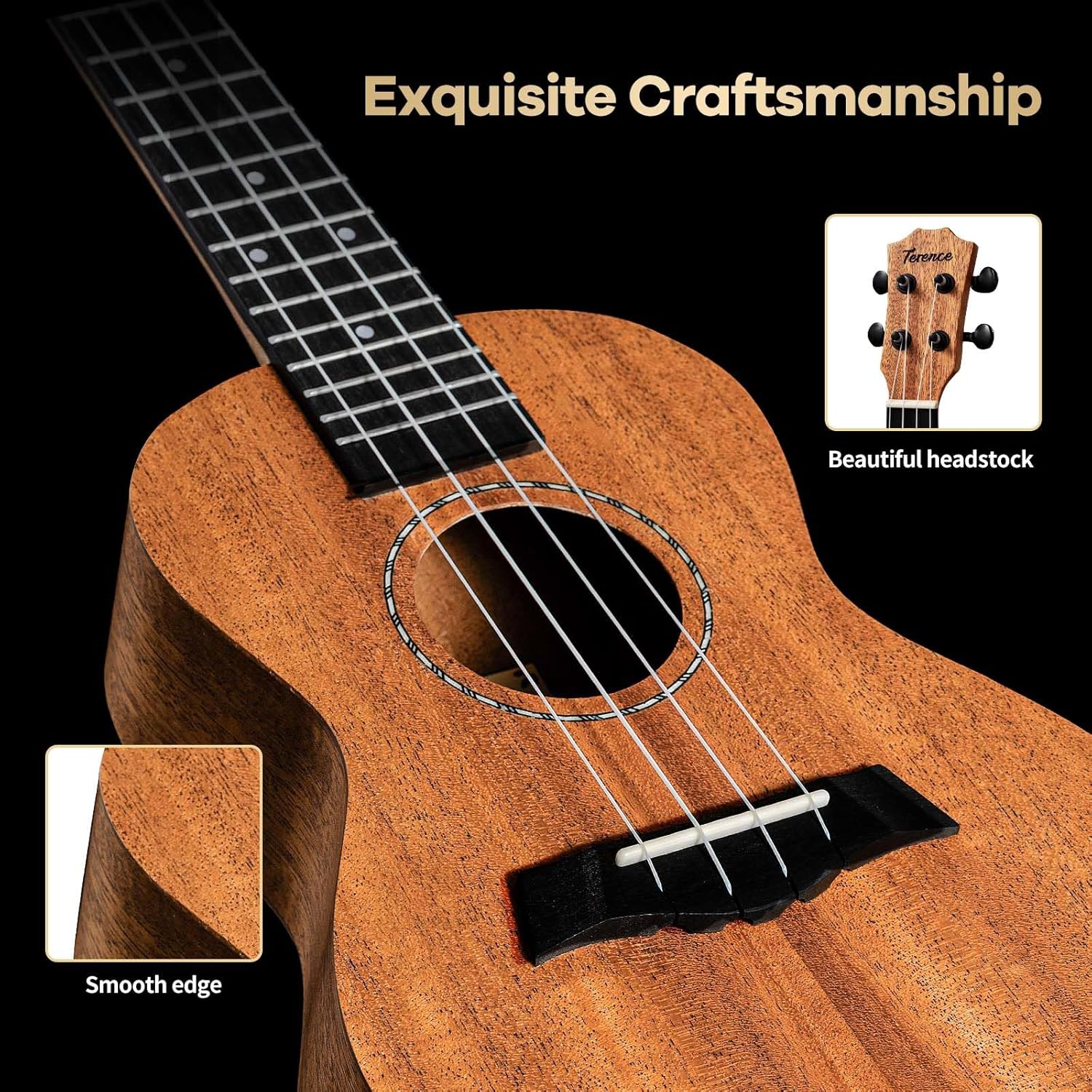 23 Inch Mahogany Soprano Ukulele Kit with Tuner, Capo, Gig Bag, Strap, Picks, Nylon String & Cloth U4844