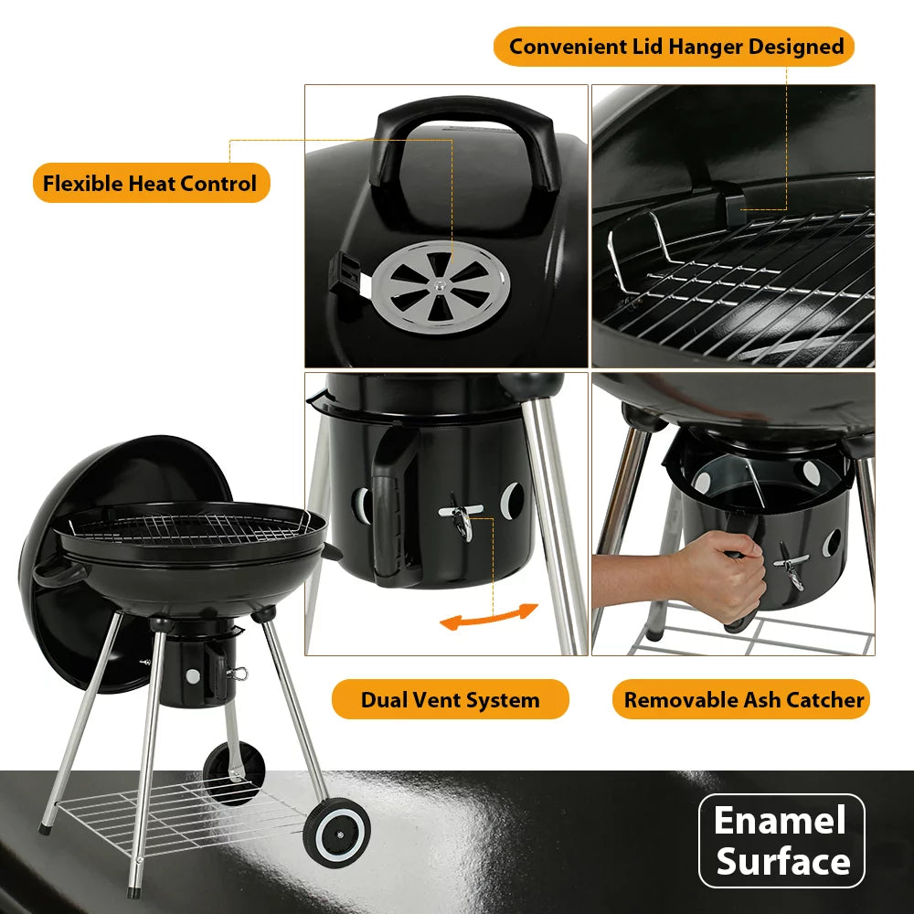 22" Round Portable Charcoal Kettle Grill With 2 Wheels, Black U175609