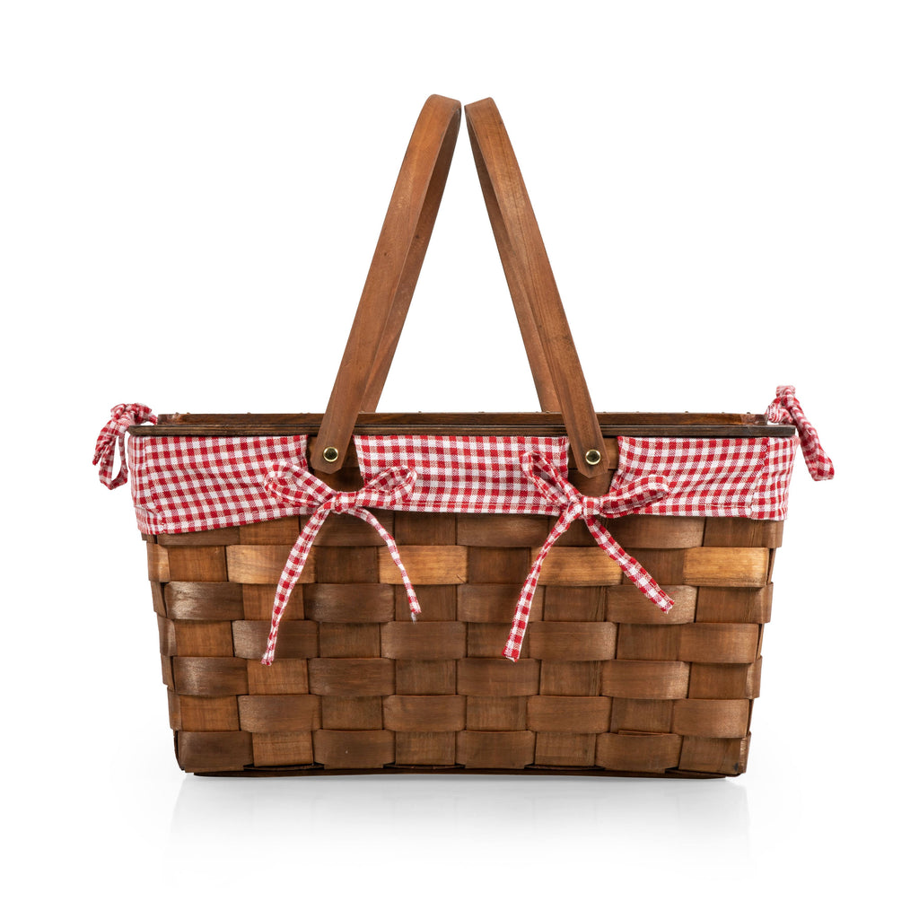 Red White Gingham Handwoven Wood Picnic Basket W9224