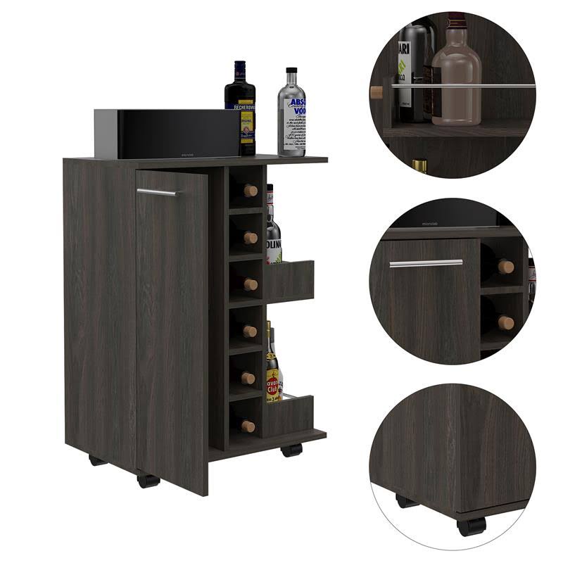 Espresso Bar Cart Cabinet with 6-Cubbies and 2-Shelves F771433