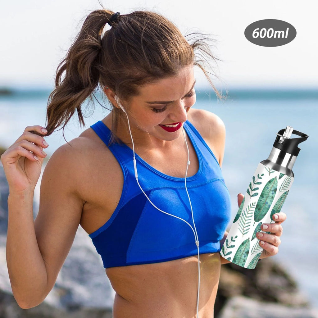 Green Leaves Stainless Steel Water Bottle with Straw Lid Flask, 20 oz U946579