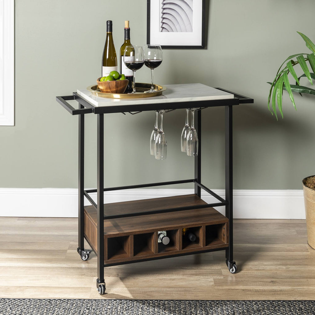 Faux White Marble Dark Walnut Serving Bar Cart L35025