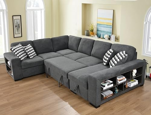 125'' U Shaped 7 Seat Sectional Sofa Couch with Cabinet, Sofa Bed with Storage Chaise and Pull-Out Couch Bed, Light Gray E1200