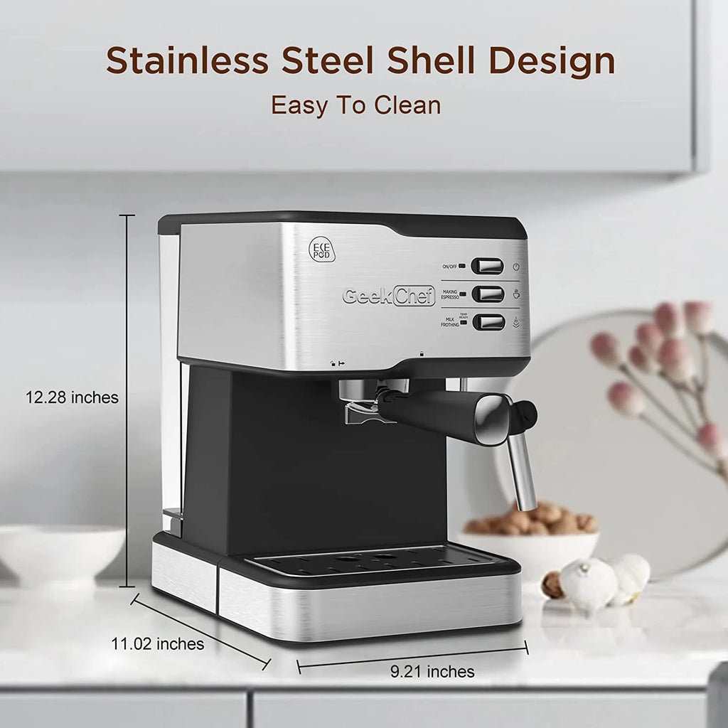 Black 20 Bar Espresso Coffee Machine with Milk Frother Steam Wand, 1.5L Water Tank T9410