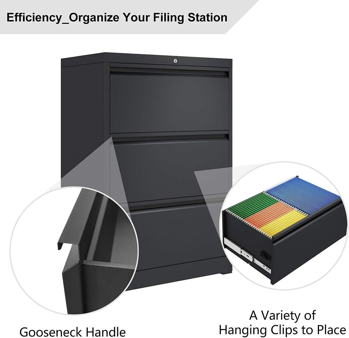 Black 3 Drawer Metal Lateral File Cabinet F763
