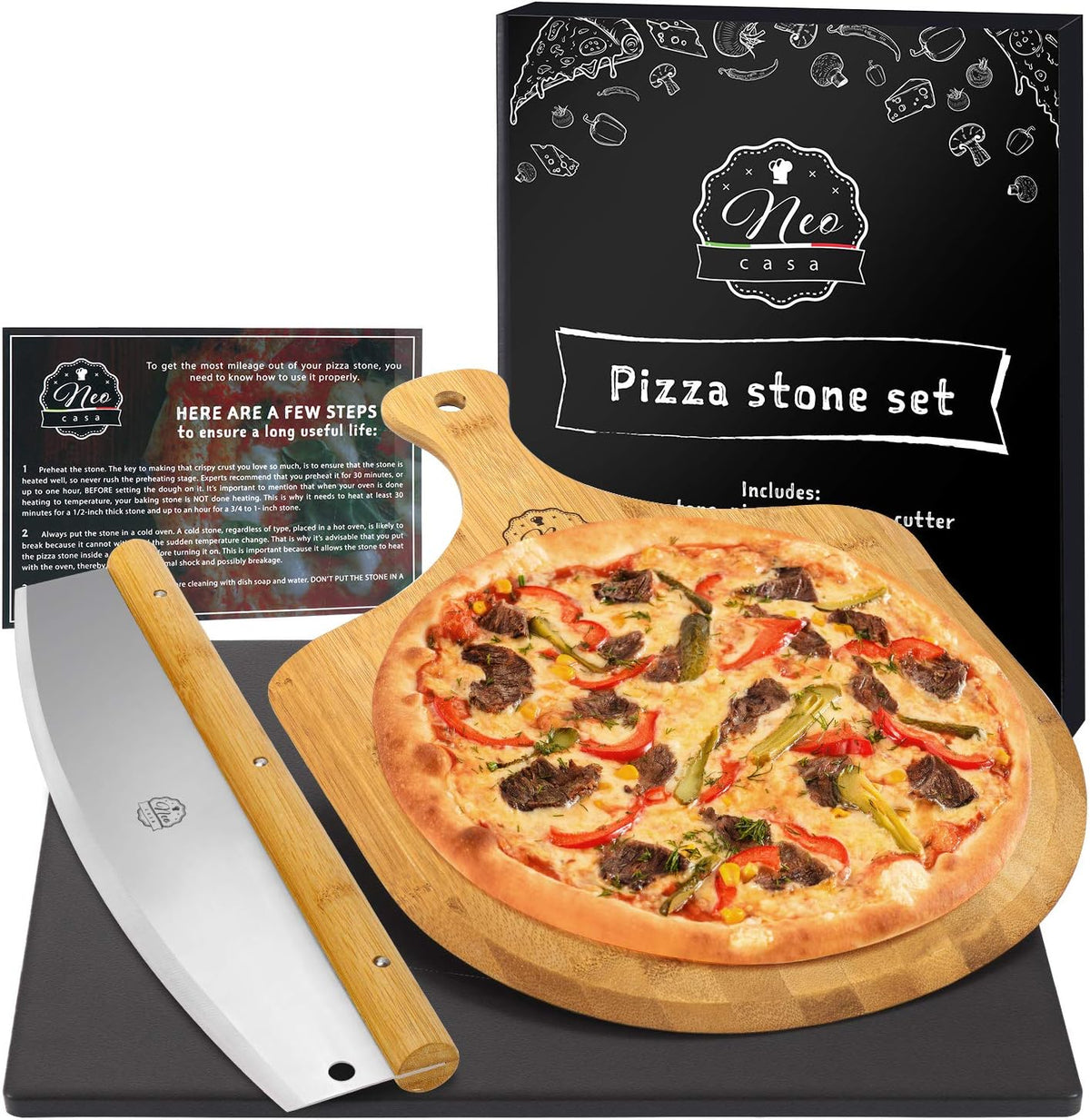 Black Cordierite Ceramic Coated Pizza Stone Pan Set with Bamboo Pizza Peel & Pizza Cutter W38336