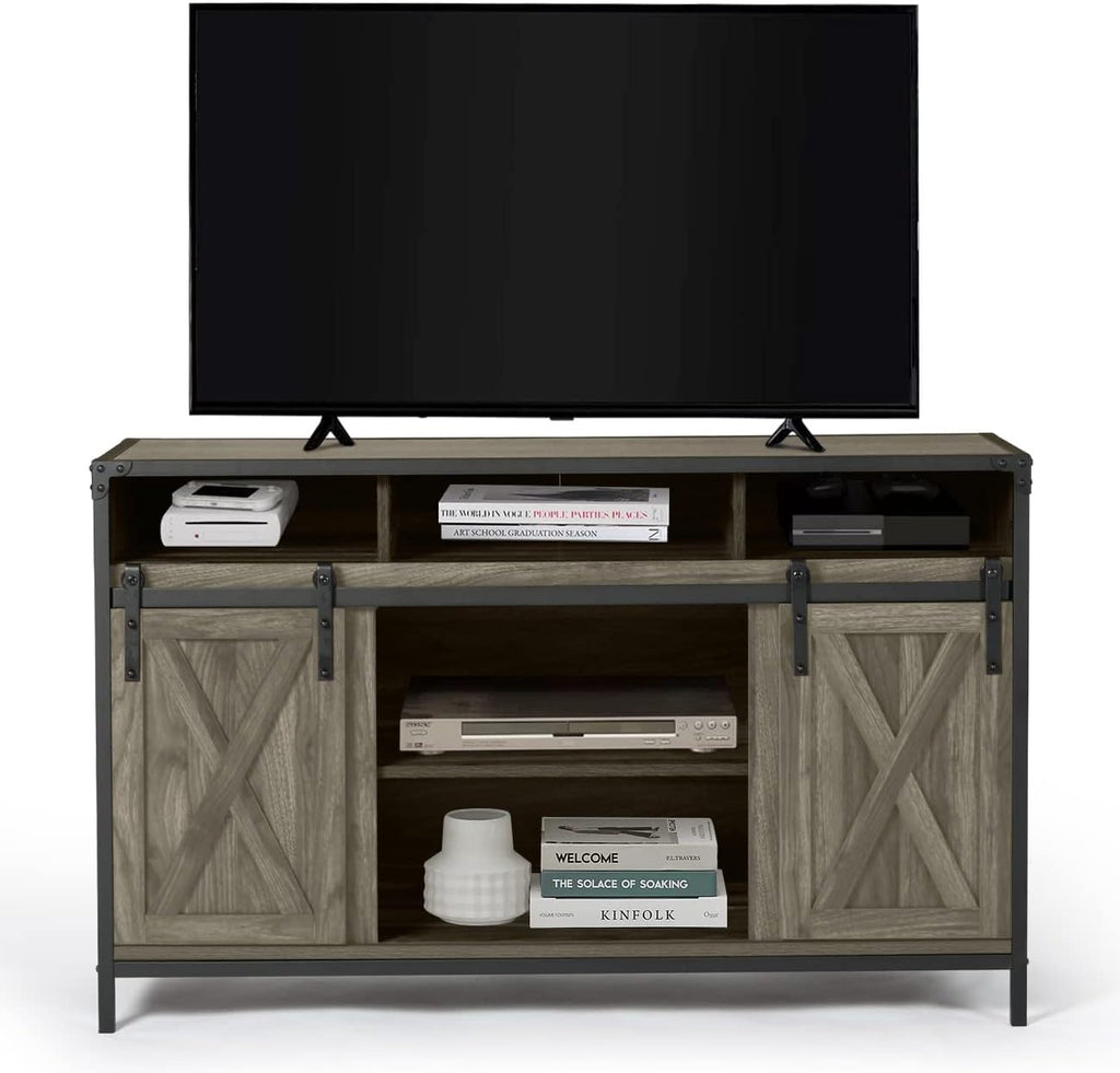 Barn Door Wood Electric Fireplace TV Stand with Storage Cabinets and Infrared Heater Q7333