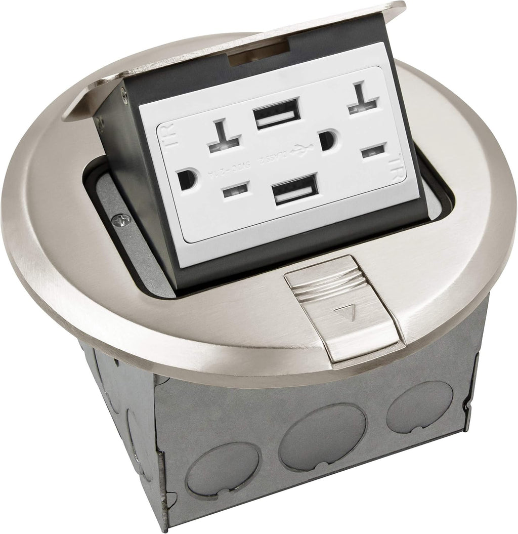 Round Pop-Up Floor Box Kit, 20A Tamper-Weather Resistant Receptacle Outlet, Nickel Plated Brass, Pack of 2 C341