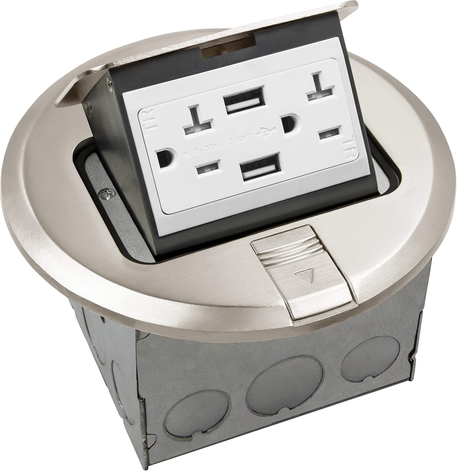 Round Pop-Up Floor Box Kit, 20A Tamper-Weather Resistant Receptacle Outlet, Nickel Plated Brass, Pack of 2 C341