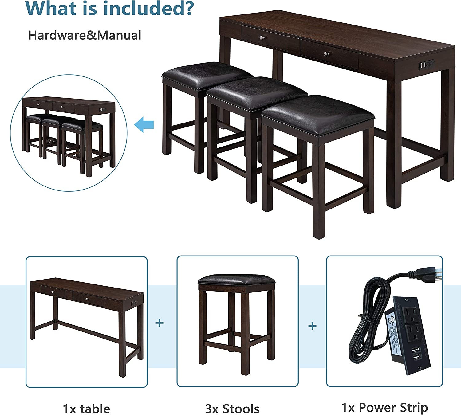4-Piece Counter Height Dining Table Set with 3 PU Leather Padded Stools Espresso B54260
