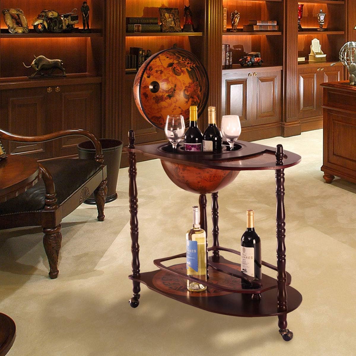 34.5’’ Wine Bar Cart with Wheels, 2 Storage Shelves, Wood Liquor Cabinet O4557