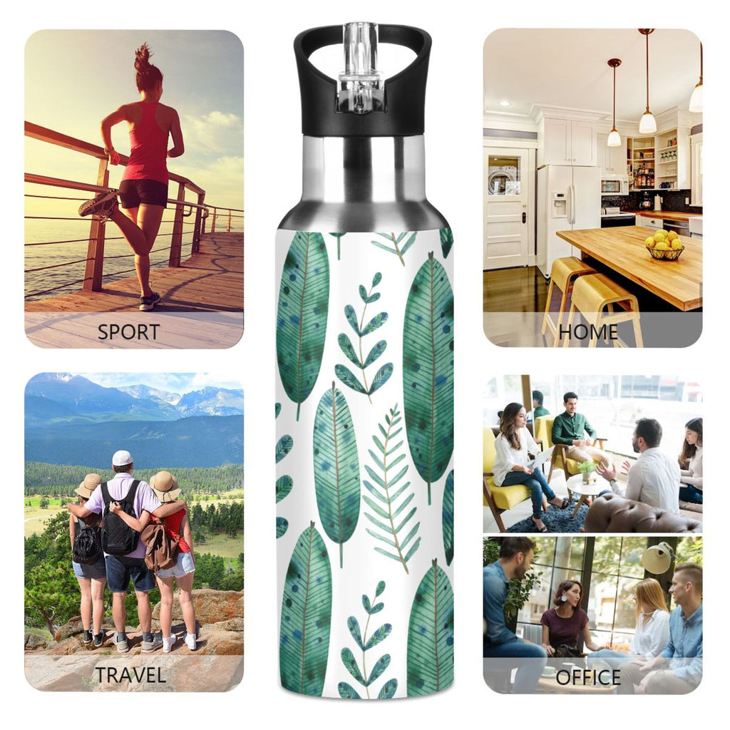 Green Leaves Stainless Steel Water Bottle with Straw Lid Flask, 20 oz U946579