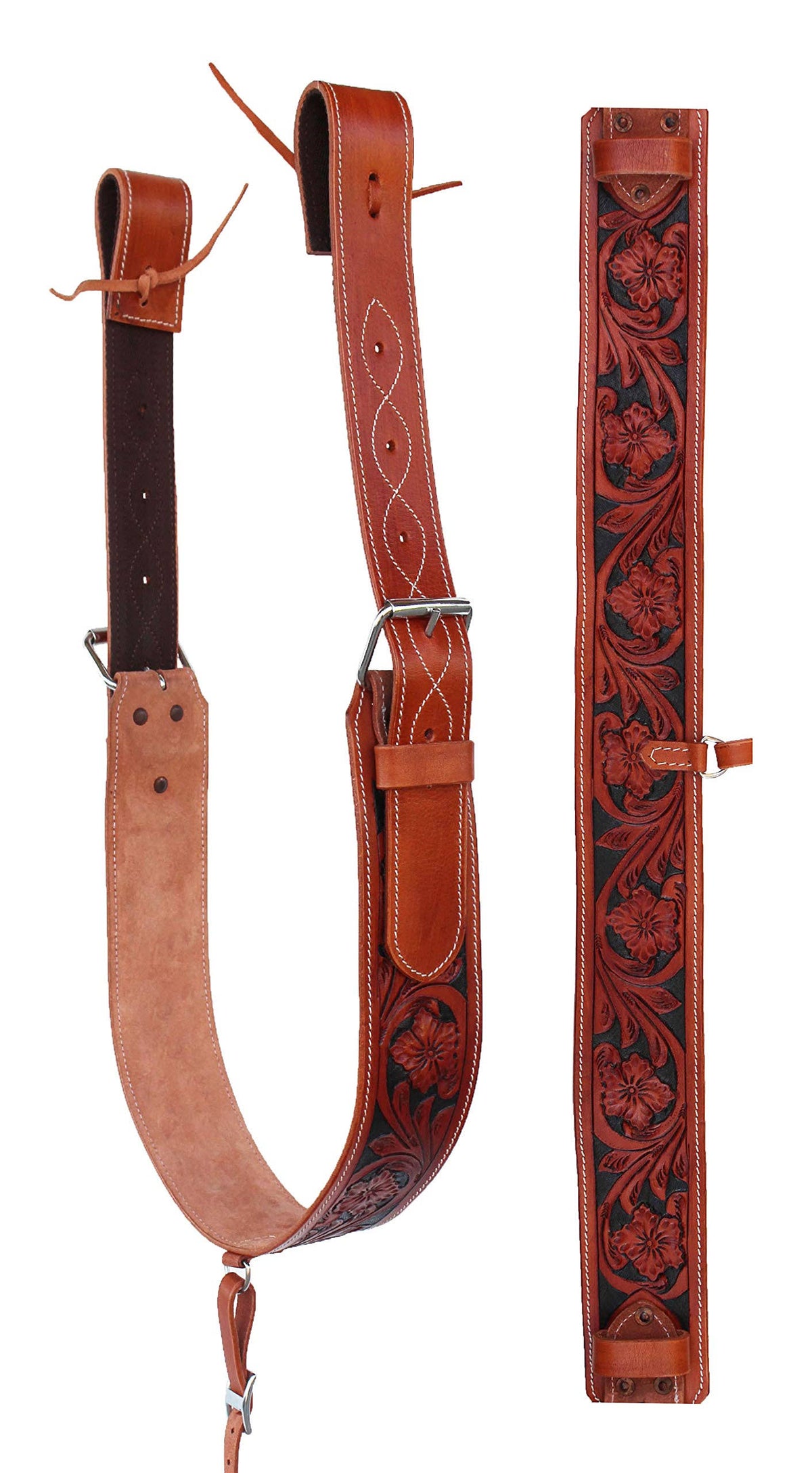 Western Leather Tooled Flank Girth with Off Billets H1141