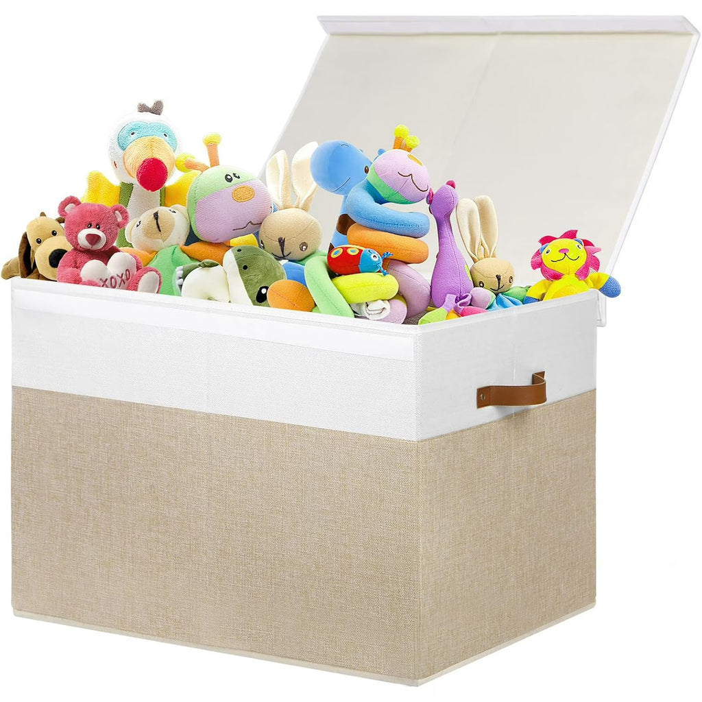 Extra Large Toy Storage Box with Lid, Beige and White U345