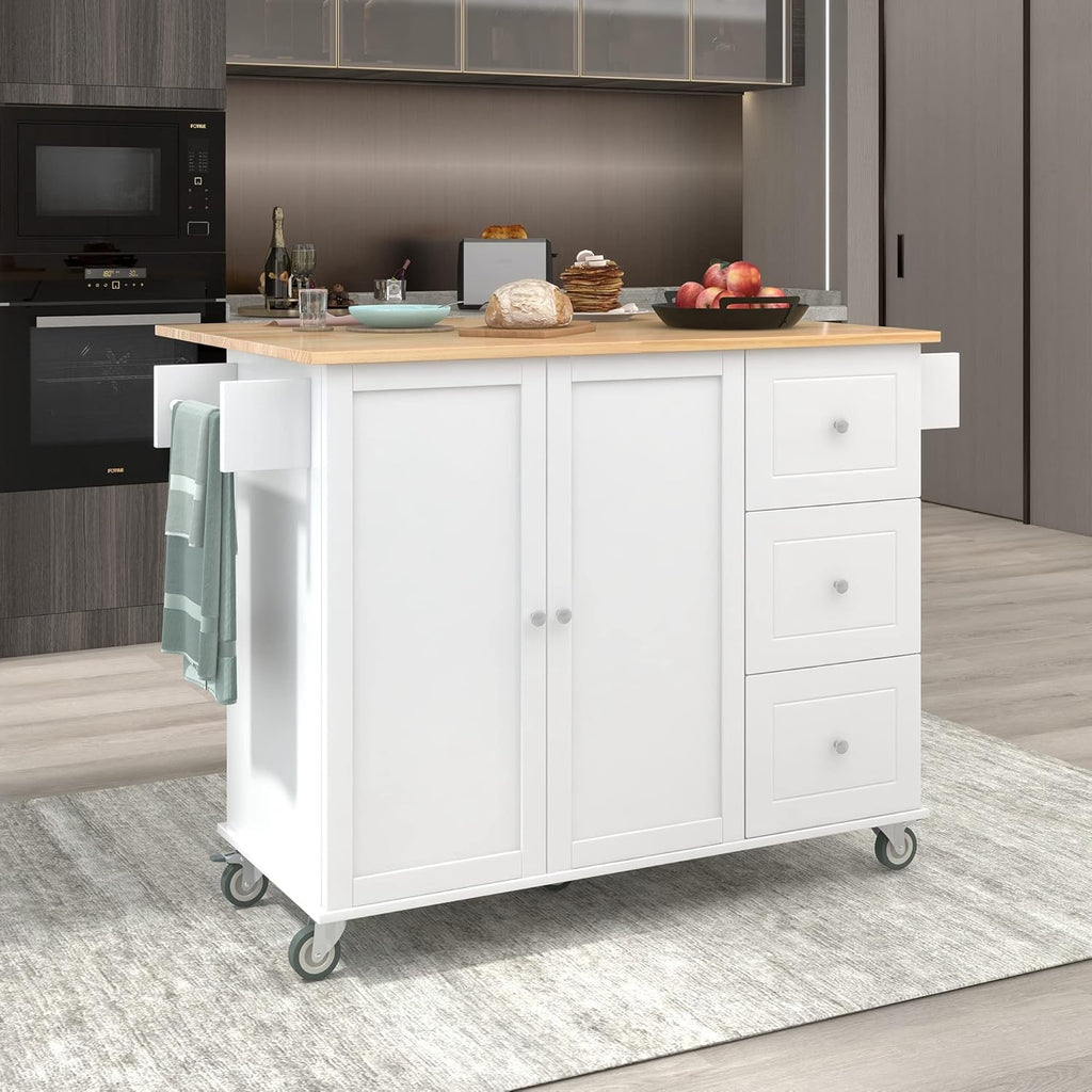 White Kitchen Island with 3 Drawers and Rolling Cart Z635452