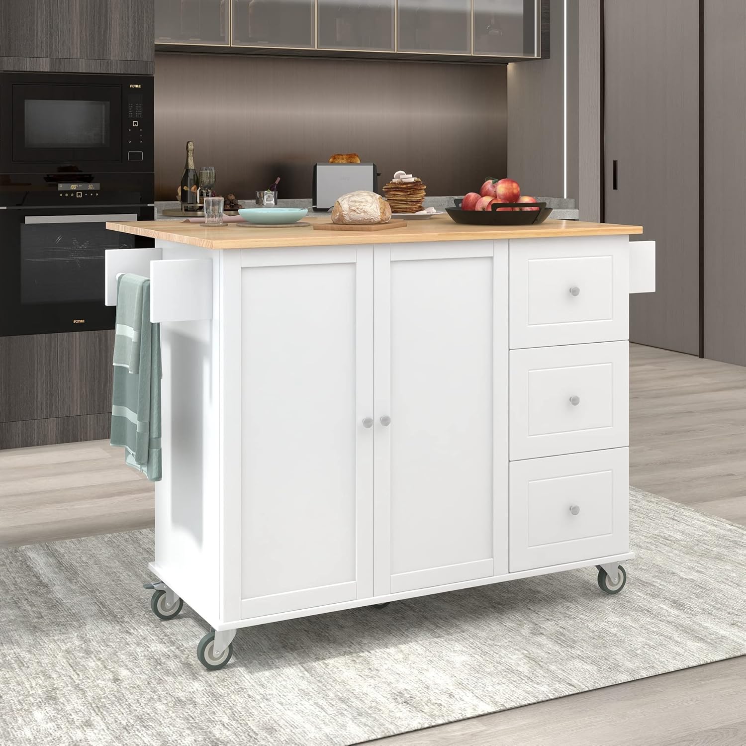 White Kitchen Island with 3 Drawers and Rolling Cart Z635452