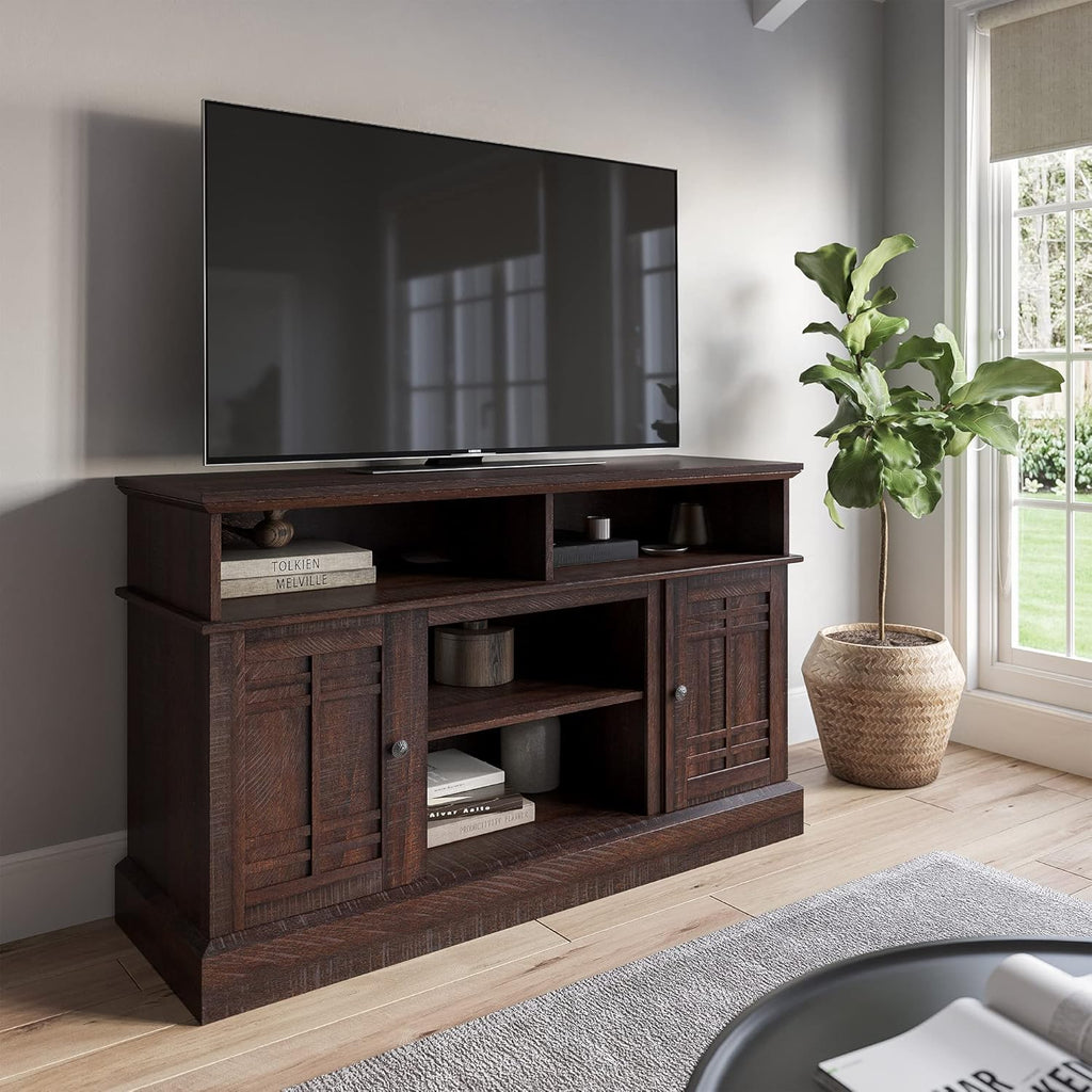 Modern Farmhouse Electric Fireplace TV Stand with Open Storage Shelves & Cabinets J1924